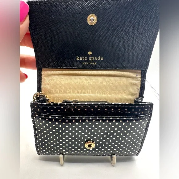 Kate Spade Small Black Polka Dot Mini Fold Snap Wallet, Black/Gold, Very Cute - Picture 2 of 4